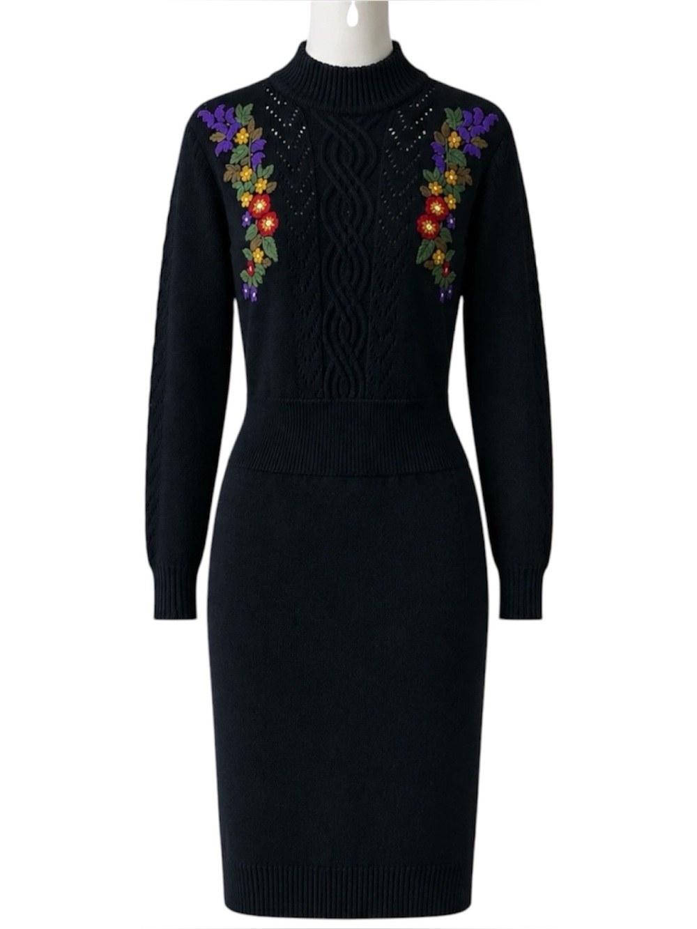 Vintage Floral Embroidered Long Sleeve Mock Neck Midi Dress Black Size Medium